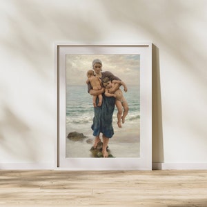 Fisherman&#39;s Wife Bathing her Children Print by Virginie Demont Breton, Classic French Art, Coastal Life Poster, Motherhood, Mothers Day Gift