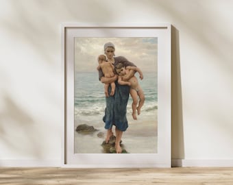 Fisherman&#39;s Wife Bathing her Children Print by Virginie Demont Breton, Classic French Art, Coastal Life Poster, Motherhood, Mothers Day Gift