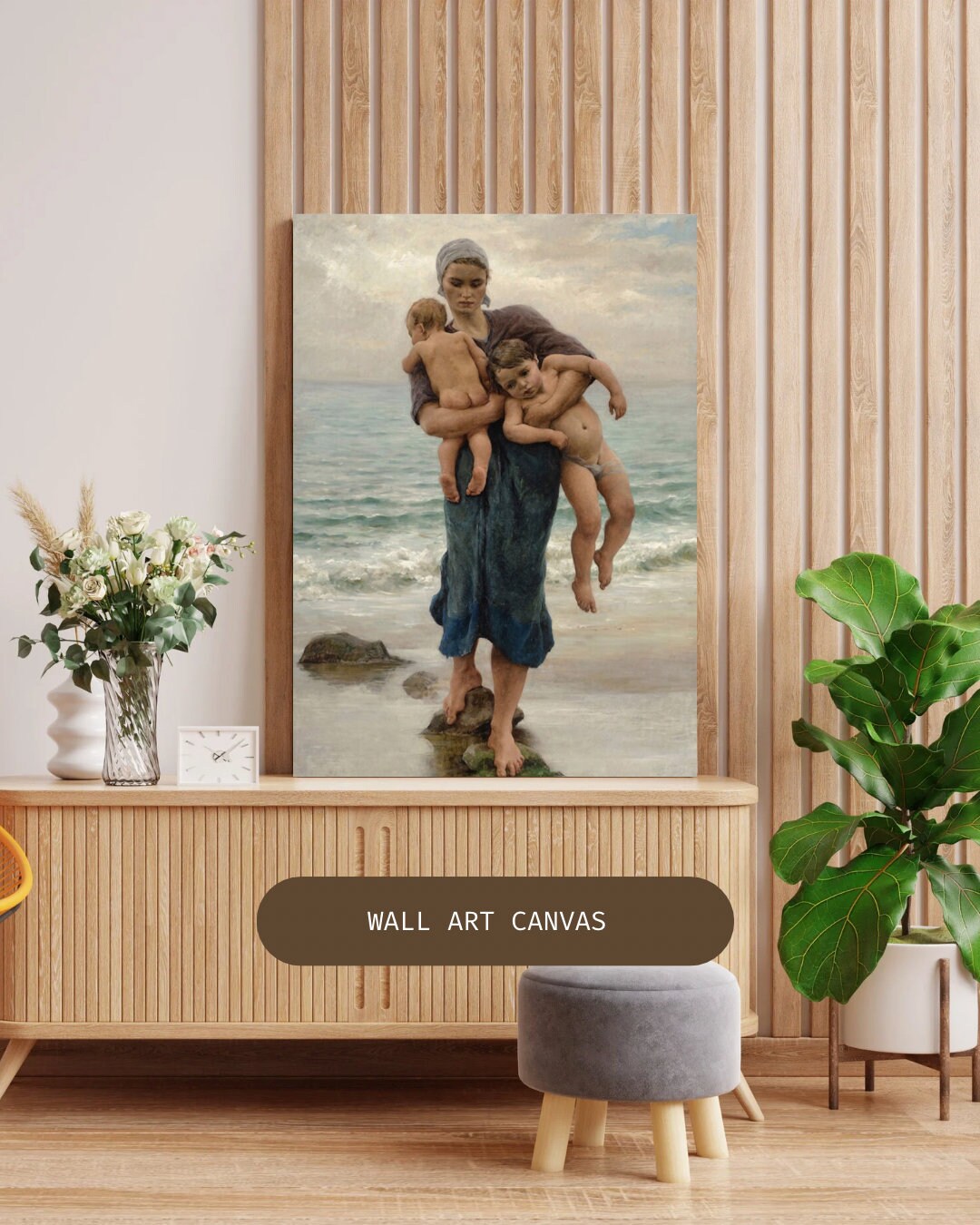 Virginie Demont Breton Canvas Panel Print, Fishermans Wife Bathing her Children, Home Wall Art Decor, Perfect Mothers Day Gift