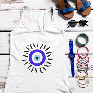 Women&#39;s Evil Eye Racerback Tank Top, Yoga Tank Top, Workout Tank, Evil Eye Shirt, Summer Tank, Witchy Top, Witchy Tank, Boho Gift