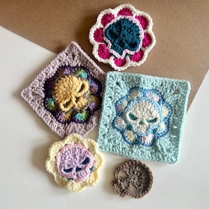 Crochet Skull Granny Square: Skull Flower Granny Square PATTERN includes photo instructions, Skull Motif, and Crochet Flower Granny Square