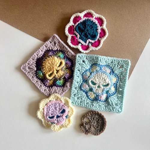 Crochet Skull Granny Square: Skull Flower Granny Square PATTERN includes photo instructions, Skull Motif, and Crochet Flower Granny Square