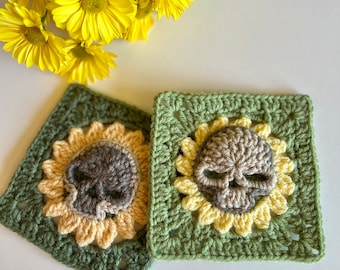 Skull Granny Square: Crochet Skull Sunflower Granny Square PATTERN includes photo tutorial, skull motif, and crochet flower granny square