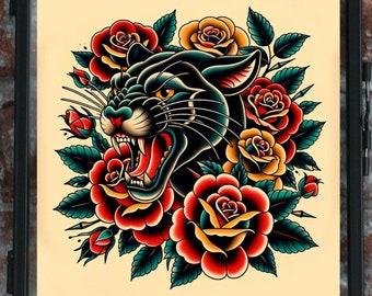 Panther with Roses Traditional Tattoo Art