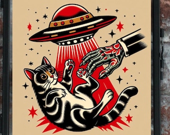 UFO Cat Abduction Traditional Tattoo Flash Print