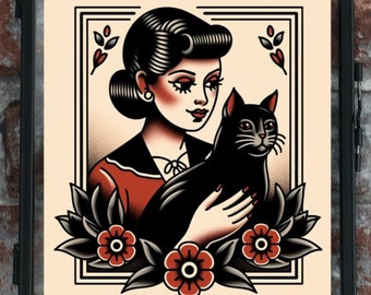 Impresión artística del tatuaje de la dama y el gato