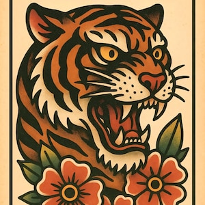 Tiger Head Traditional Tattoo Flash Print