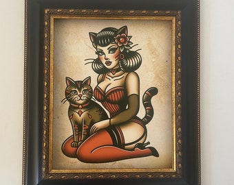 Cat Lady Traditional Tattoo Art Print