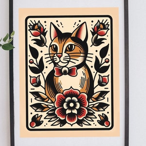 Impression de tatouage traditionnel de chat calicot