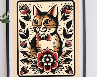 May include: A traditional tattoo style illustration of a cat wearing a bow tie and sitting in a bed of flowers. The cat is orange, black, and white, and the flowers are red, white, and black.