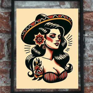 May include: A traditional tattoo style illustration of a woman with long black hair wearing a red and yellow sombrero. She has a red rose tattoo on her arm and a red and white striped top.