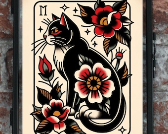 Black Cat Traditional Tattoo Print