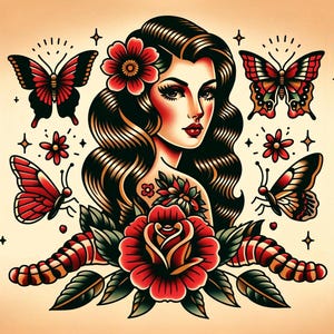May include: A traditional tattoo style illustration featuring a woman with long dark hair, a red rose, and butterflies. The woman is wearing a red flower in her hair and has a red rose on her shoulder. The butterflies are red and black and are flying around the woman.