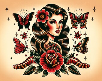 Whimsical Butterfly Woman Flash Traditional Tattoo Art Digital Download
