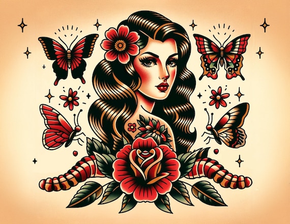 Whimsical Butterfly Woman Flash Traditional Tattoo Art Digital Download