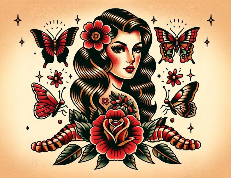 May include: A traditional tattoo style illustration featuring a woman with long dark hair, a red rose, and butterflies. The woman is wearing a red flower in her hair and has a red rose on her shoulder. The butterflies are red and black and are flying around the woman.