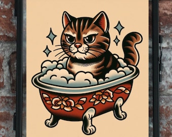 May include: A brown and black tabby cat with a grumpy expression sits in a red and white bathtub with blue and white bubbles. The bathtub has floral designs and four legs.