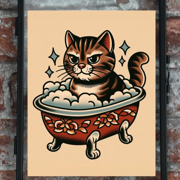 Art traditionnel d'impression de tatouage de bain de mousse de chat