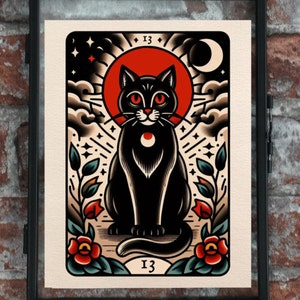 Carte de tarot chat noir Tatouage traditionnel Impression artistique