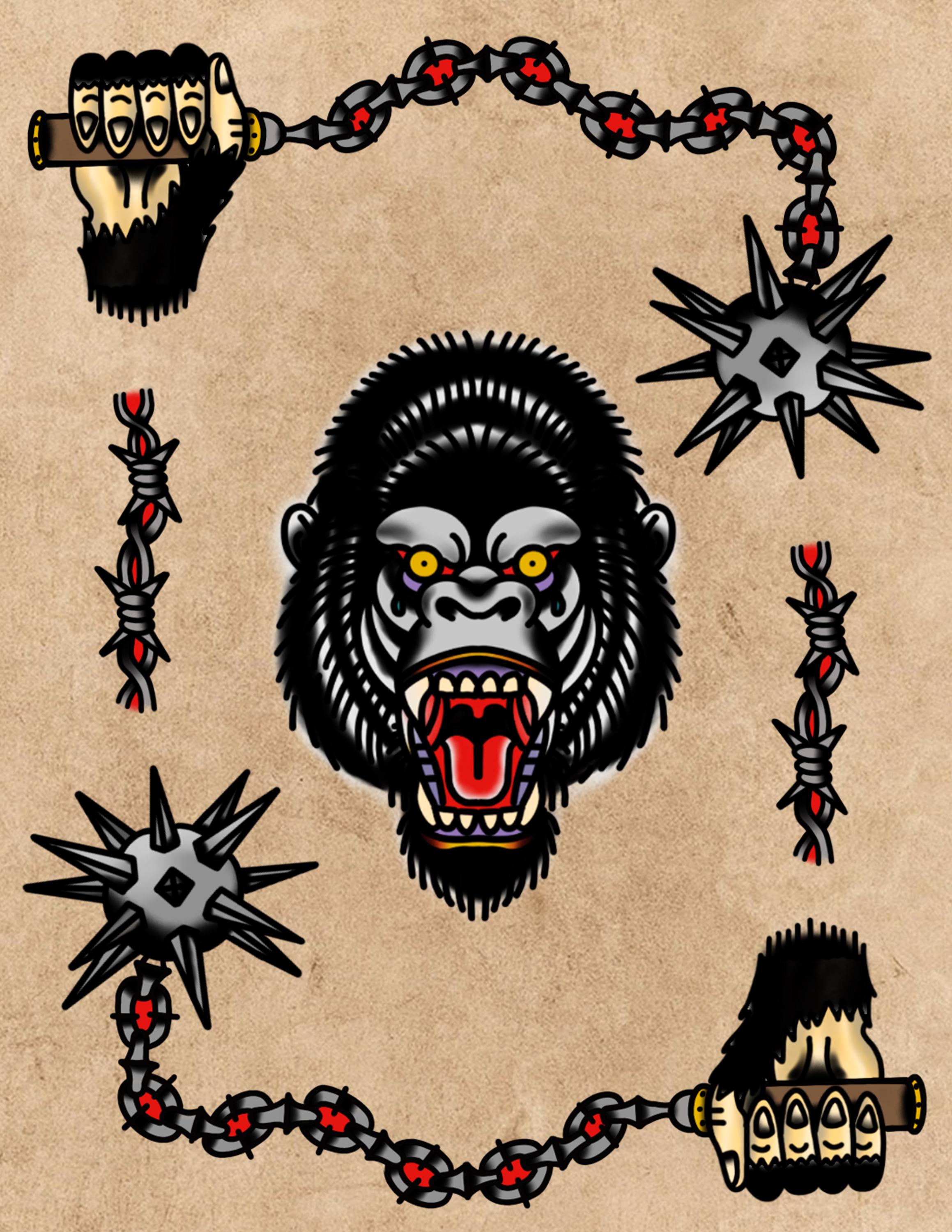 Gorilla Mace Traditional Tattoo Art Digital Download