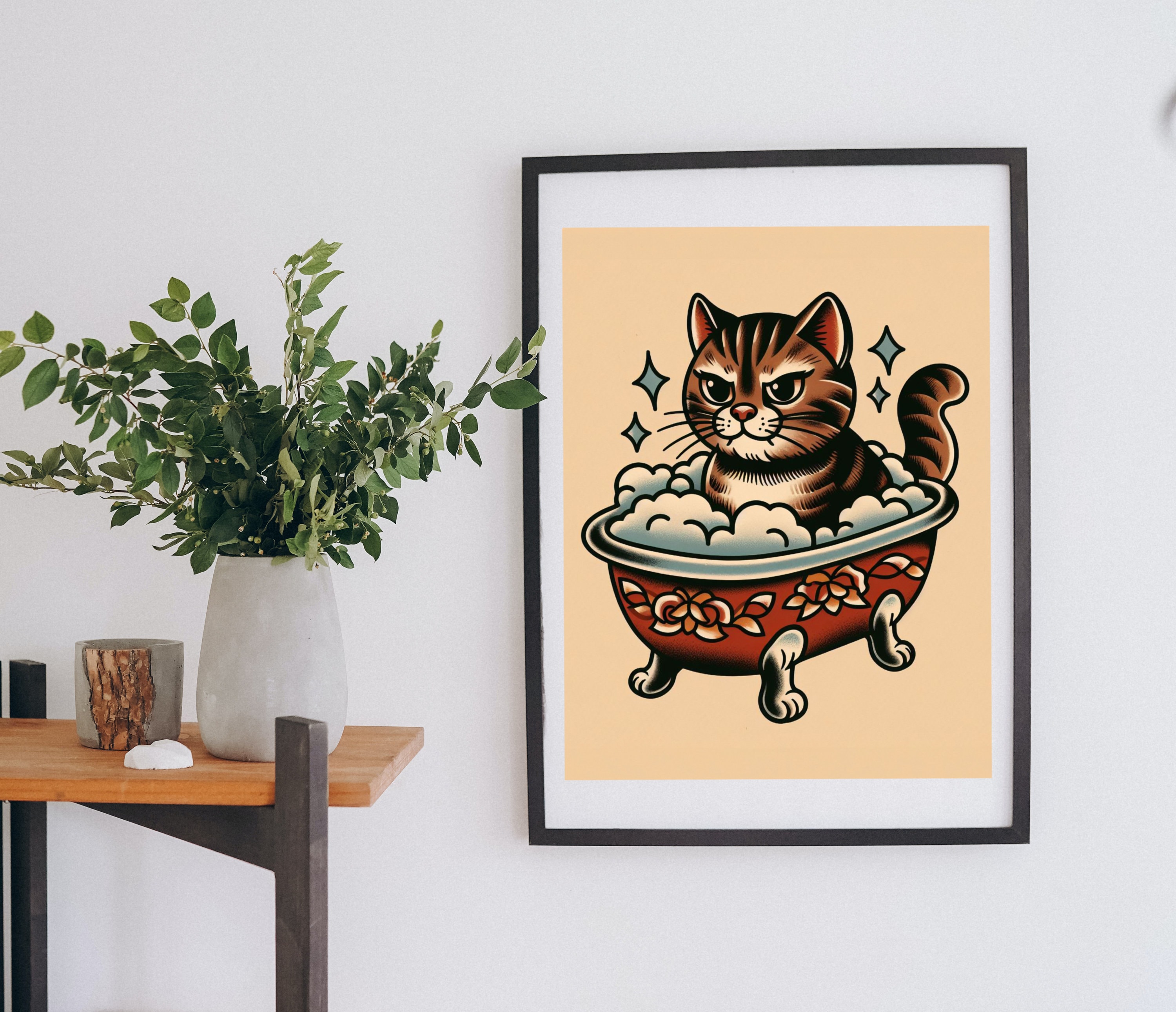 猫の泡風呂の伝統的なタトゥープリントアート - Etsy 日本
