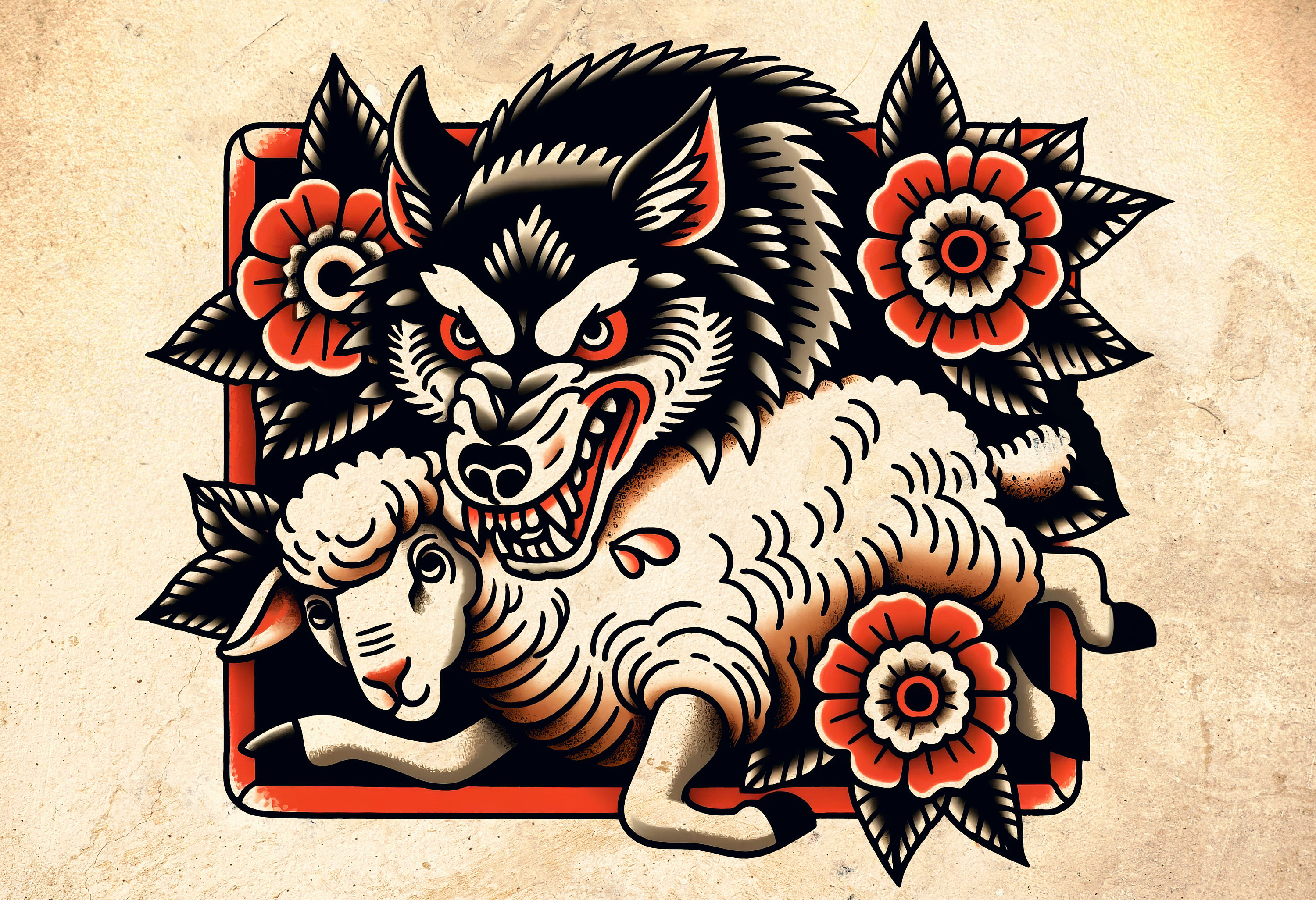 Wolf and Sheep Traditional Tattoo Flash Print