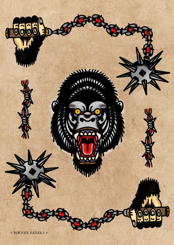 Gorilla Head and Mace Weapon American Traditional Art Tattoo Etsy