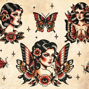 May include: A vintage style tattoo flash sheet with images of women and butterflies. The women have dark hair and are wearing flowers. The butterflies are red, orange, and black.