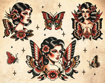 Butterfly Ladies Traditional Tattoo Art Print
