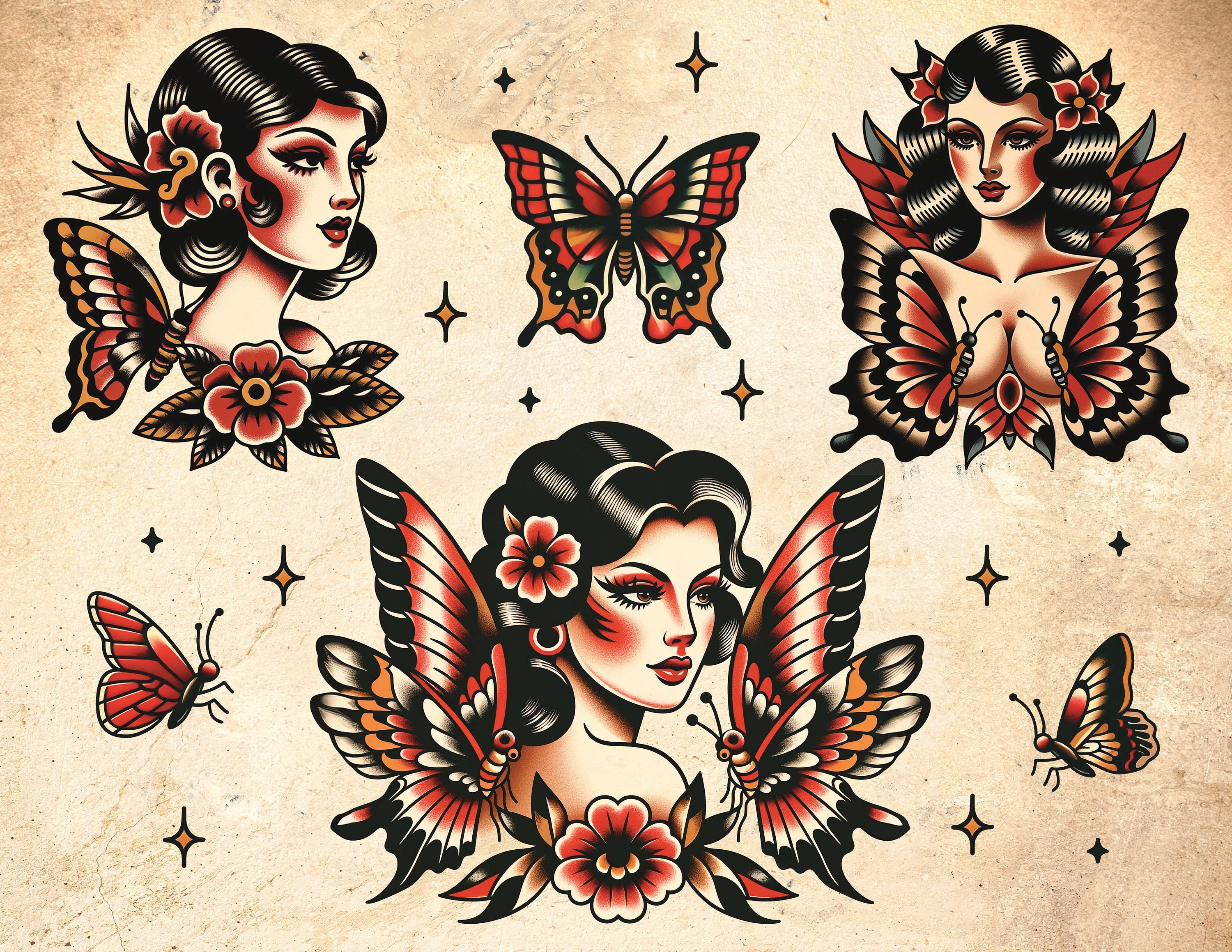 Butterfly Ladies Traditional Tattoo Art Print - Etsy Israel, image size:3000x2318