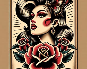 Butterfly Woman Traditional Tattoo Art Digital Download