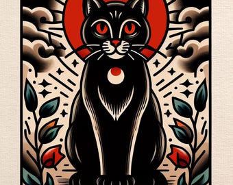 Black Moon Cat Tarot Card Tattoo Art Digital Download