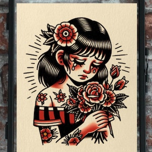 Bouquet Girl Traditional Tattoo Print
