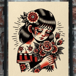Puede incluir: Una ilustración de estilo tatuaje tradicional de una mujer con cabello negro y flores rojas. Lleva un vestido a rayas rojas y blancas y tiene lágrimas en la cara. Las flores son rojas y tienen hojas verdes.