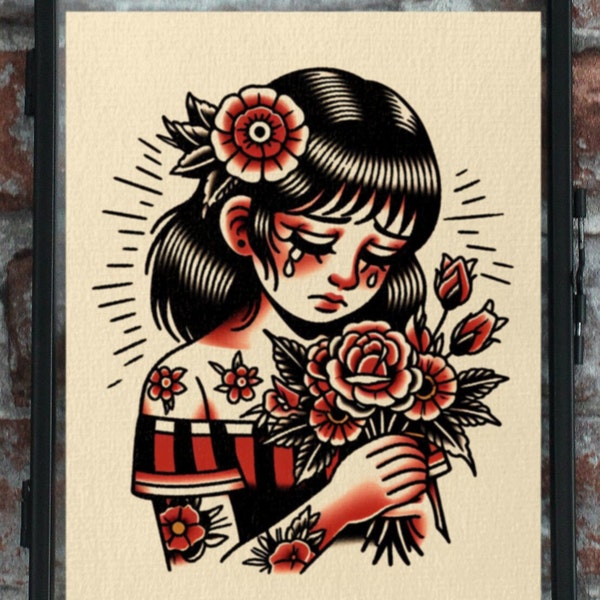 Bouquet Girl Traditional Tattoo Print