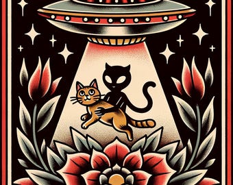 Cat Alien Abduction Art Digital Download