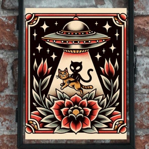 Cat Alien Abduction Traditional Tattoo Print