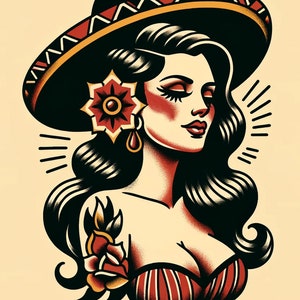 May include: A traditional tattoo style illustration of a woman with long black hair wearing a red and yellow sombrero. She has a red flower behind her ear and a red rose tattoo on her shoulder.