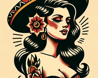 Sombrero Woman Traditional Tattoo Art Digital Download