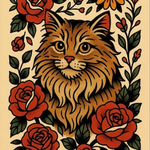Orange Cat Traditional Tattoo Print