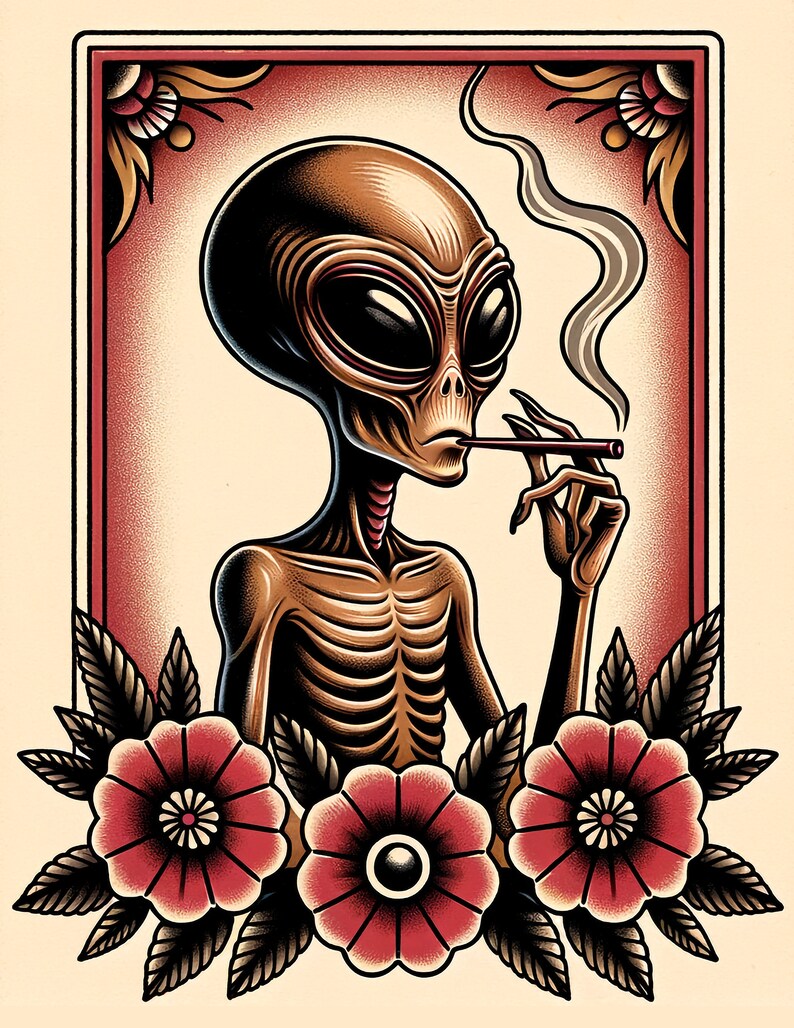 Alien Smoking Traditional Tattoo Art Print - Etsy
