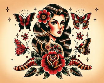 Puede incluir: Una ilustración de estilo tatuaje tradicional con una mujer de cabello largo y oscuro, una rosa roja y mariposas. La mujer tiene una flor roja en el pelo y mira hacia un lado. La rosa está rodeada de hojas verdes y una oruga roja y blanca.