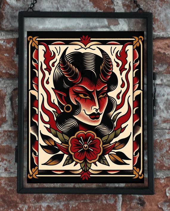 Devil Woman Traditional Tattoo Print - Etsy