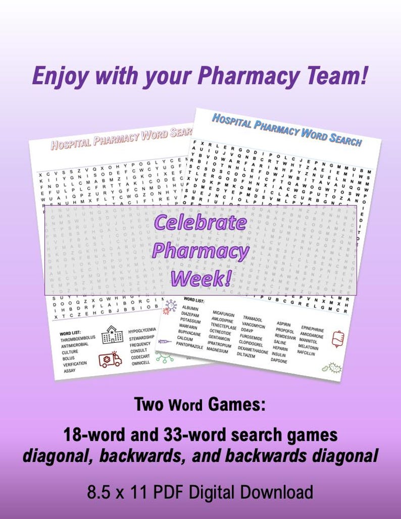 BUNDLE Hospital or Inpatient Pharmacy Week Crossword Word Search