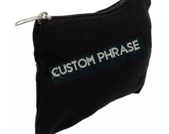 Personalized Rhinestone Large Black Canvas Zipper Pouch, Custom Quote
