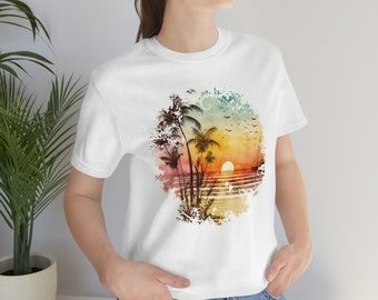 ビーチサンセットTシャツ | ビーチTシャツギフト | パームツリーシャツ。