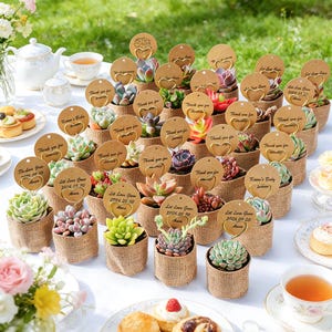May include: A collection of small potted succulents in burlap-wrapped containers, each featuring a round kraft paper tag with a gold heart-shaped wire holder. The tags display text including Thank you for coming, Let Love Grow, and 2024.05.20.