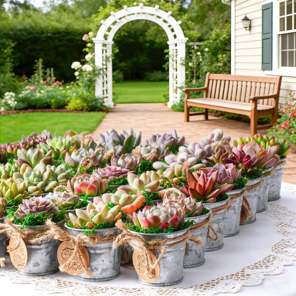 Live Succulent Plants with Matte Metal Buckets & Customizable Tags, Graduation | Wedding | Baby Shower | Bridal Shower | Father's Day Gift