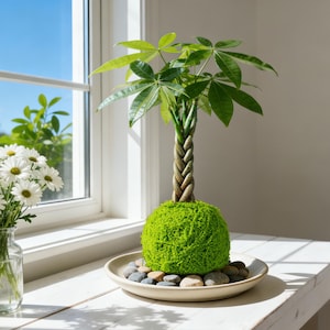 Live Plant Money Tree Kokedama with Black Saucer, Easy to Grow | A Living Moss Ball Plant | Home Office Decor | Unique Housewarming Gift