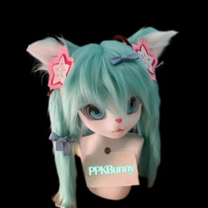 Hatsune Miku Cat-Premade Kig Head Fursuit Mask Kigrumi Head, Kig Head Mask, Kemono Mask, Fursona Mask Head, Furry Costume Gift For Kids